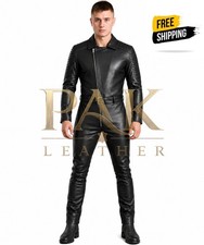 MEN'S HANDMADE REAL LAMBSKIN BLACK LEATHER OVERALL JUMPSUIT BIKER STYLE BODYSUIT