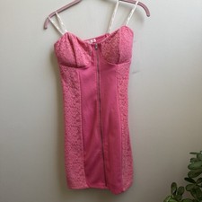 G BY GUESS Woman Pink Y2K Lace Built In Bra Dress Size M Front Zipper