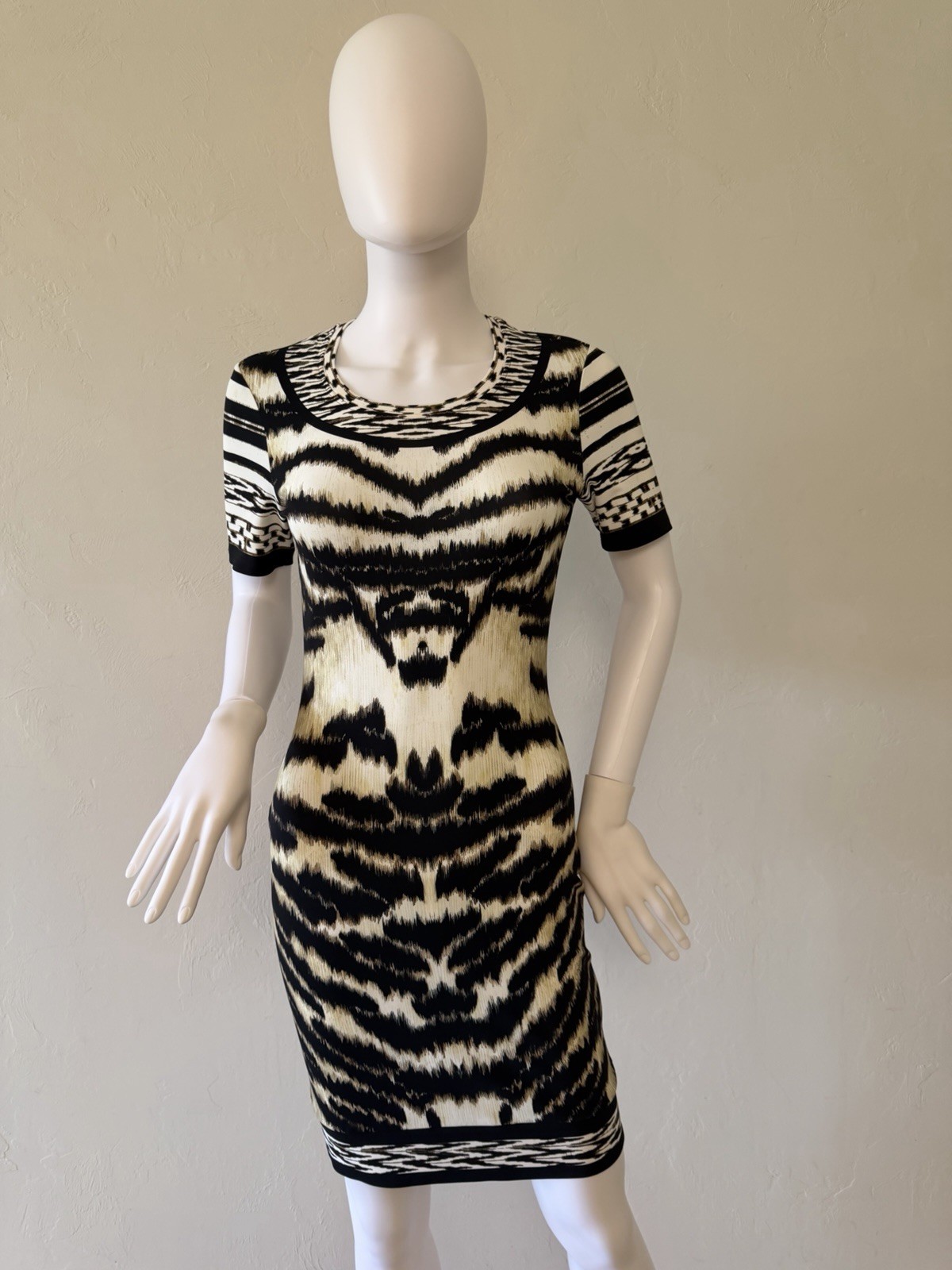 Roberto Cavalli Knit Sheath Dress Short Sleeve Animal Print Black Beige Size 40