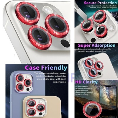 Red For iPhone 15/14/13 Pro Max/+ Camera Lens Protector Bling Glitter Glass
