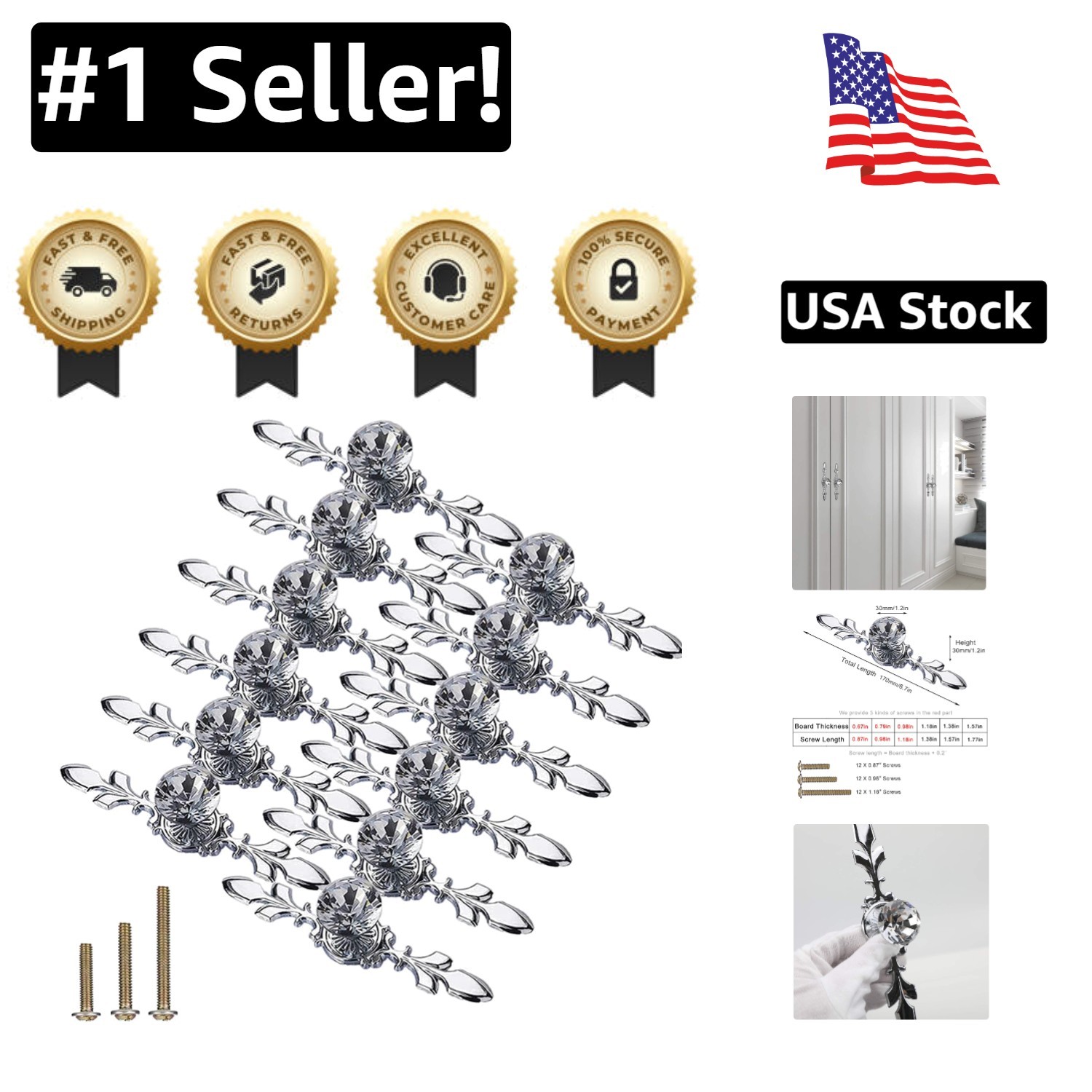 Upgrade Furniture with 12 Silver Diamond Crystal Pull Handles