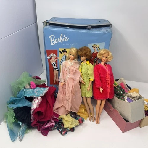 Vintage 60s Case w/ Barbie, Francie, Midge Dolls and Outfits Mod Accessories
