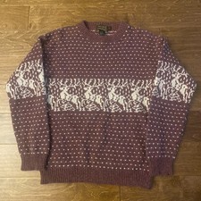 Vtg 90s Eddie Bauer USA MADE Winter Deer Reindeer Dusty Red Wool Knit Sweater S