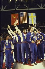 Hockey 1980 Winter Olympics USA Mike Eruzione and team victorious - Old Photo
