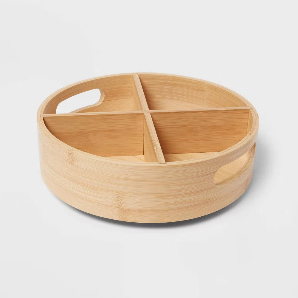 Bamboo 4 Compartment Lazy Susan Turntable with Dividers Light Yellow -