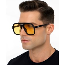 Mens Fashion Sunglasses Black Frame Yellow Lens Retro Square Flat Top Lentes New
