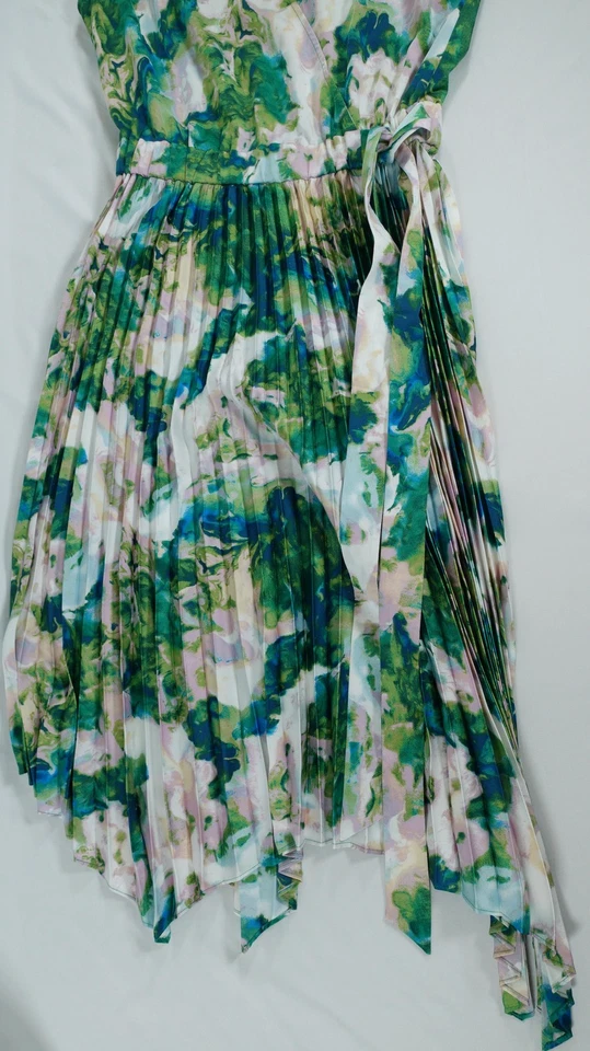 卤素连衣裙女式小号打褶裹身腰带 Midi 花卉夏季轻便 — 第 4/4 张图片