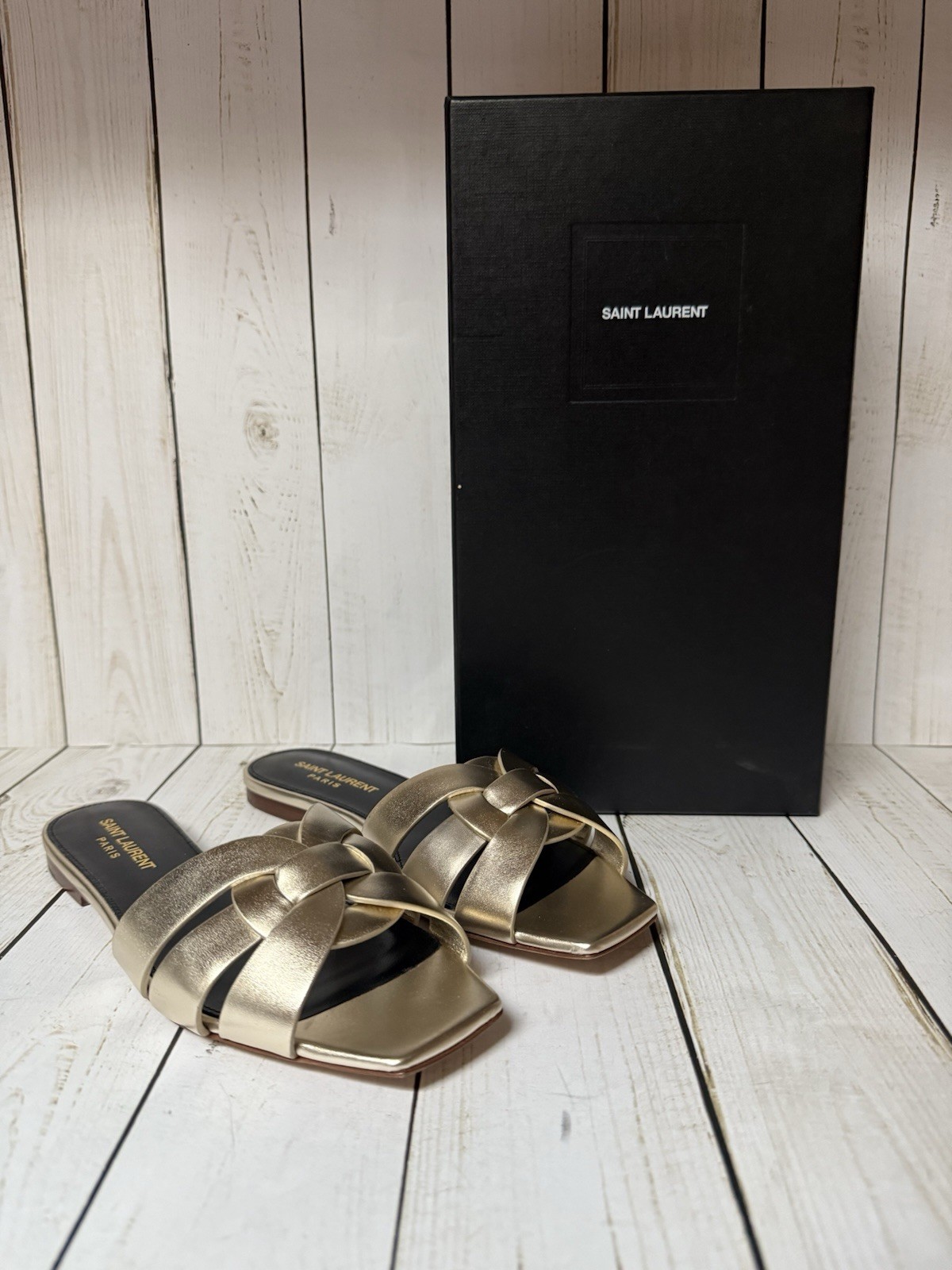 Sandali Saint Laurent pelle metallizzata Nu Pied omaggio slide platino 36 5 6 5