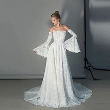 Lace A-line Long Wedding Dress Strapless Flare Sleeves Bride Dresses Bridal Gown