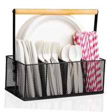Paper Plate Organizer with Handle, Silverware Caddy Countertop, Paper Plate