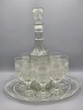 VINTAGE Anchor Hocking WEXFORD Decanter 8 Cordial Goblets & Serving Tray Set