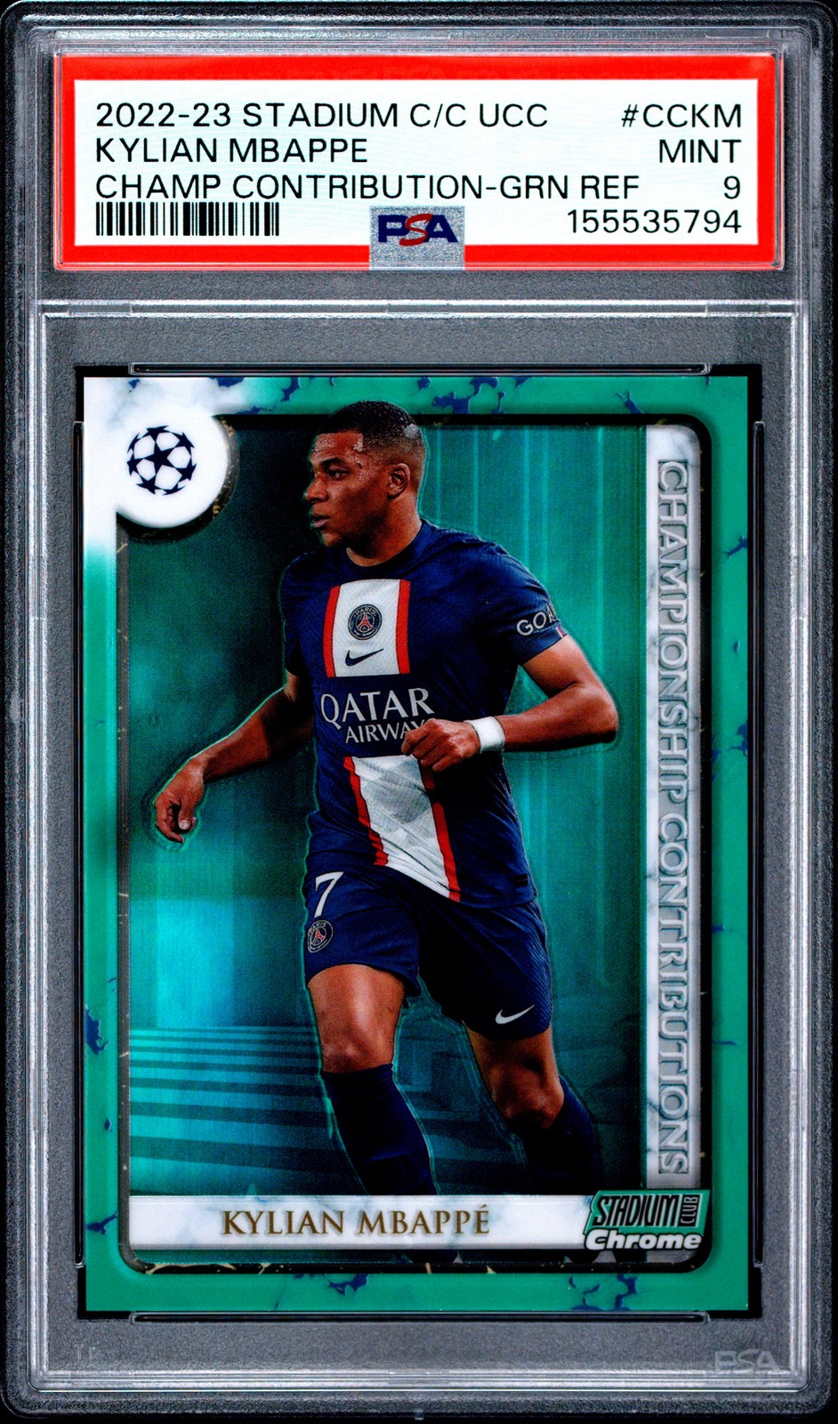2022-23 STADIUM CLUB CHROME UCC GREEN REFRACTOR #CCKM KYLIAN MBAPPE 10/99 PSA 9