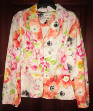 Coldwater Creek XL Vintage Blazer Jacket Floral Print Bow Collar Stretch Cotton