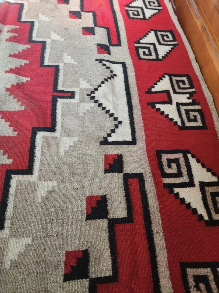 Huge Antique Handmade Native American Navajo Ganado Wool Carpet Rug 80x56 inch - Image 4 of 4