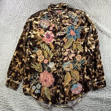 Johnny Was Velvet Floral Embroidered Leopard Print Button Down Shirt Blouse XXS