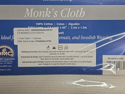 Charles Craft Monk's Cloth 2.5 Yards X 60'' 100% Cotton Sealed DMC 7 Count White