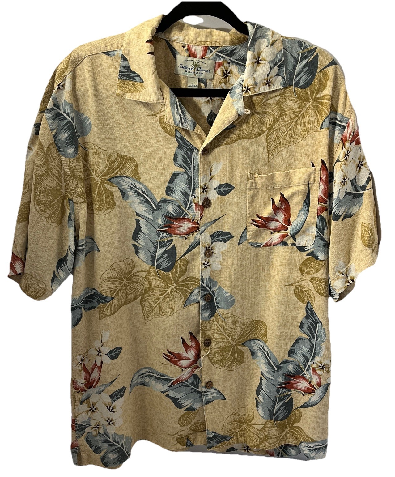 Island Shores Shirt Mens Large Washable Silk Floral Hawaiian Tropical Aloha Camp