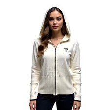 Guess Women Cream Knit Full Zip Hoodie Logo Detail Long Sleeve Size XL NWT