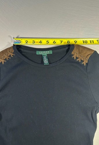 VTG Lauren Ralph Lauren Knit Top Lace-up Shoulder Women's M Black 100% Cotton - Afbeelding 15 van 16