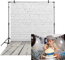 Allenjoy Fabric 5X7Ft White Brick Wall with Wooden Floor Photography Backdrop Ph