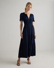 Quince Women Washable Stretch Silk Tiered Maxi Dress Navy L