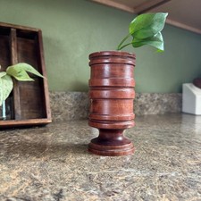 Vintage Hand Turned Wooden Bud Vase Ribbed Tiered Pedestal Brown Farmhouse Decor