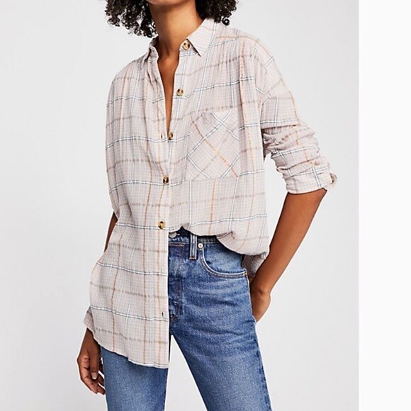 NEW Free People $108 Break My Stride Metallic Plaid Tunic Button-Up Shirt SMALL