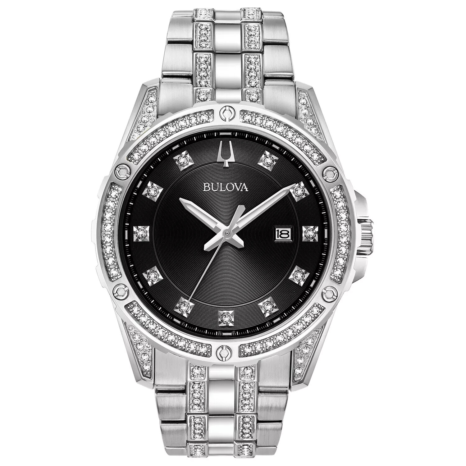 Bulova 96K104 Silver-Tone Stainless Steel Men's Watch with Black Dial and Crystal Accents