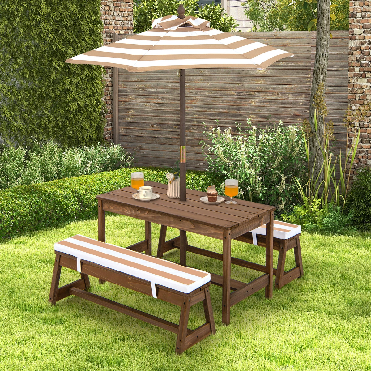 Indoor Outdoor Kids Wood Picnic Table and Bench Set w Cushions