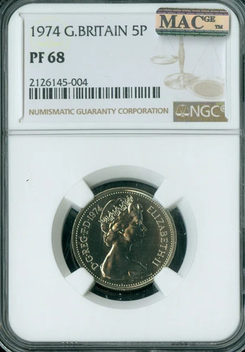 1974 GREAT BRITAIN 5P NEW PENCE NGC PF68 PQ MAC 2ND FINEST GRADE & SPOTLESS *