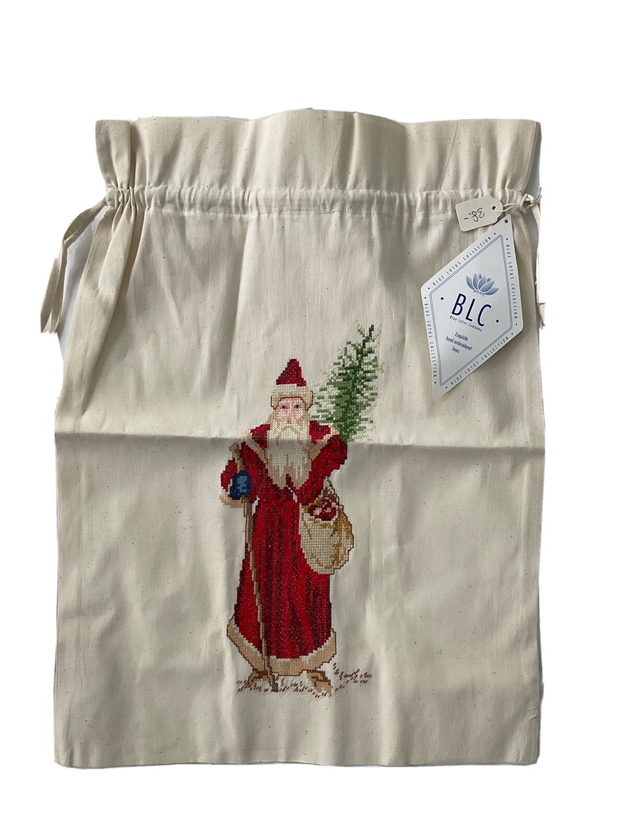 Vintage Hand Embroidered Linen Christmas Gift Bag Santa 15 x 20 Drawstring