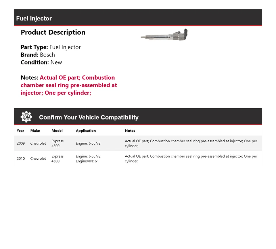 Injetor de combustível Bosch 2009-2010 Chevrolet Express 4500 6.6L V8 - Imagem 2 de 4