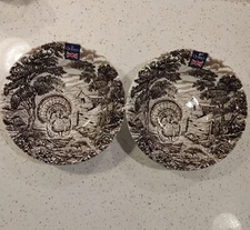 Set of 2 Queen's Homestead Rustic Turkey Toile 9" Large Salad Serving Bowls Fun