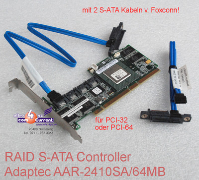 ADAPTEC AAR-2410SA/64M S-ATA SATA RAID 0 1 5 10 CONTROLLER + 2x KABELN TOP OK!