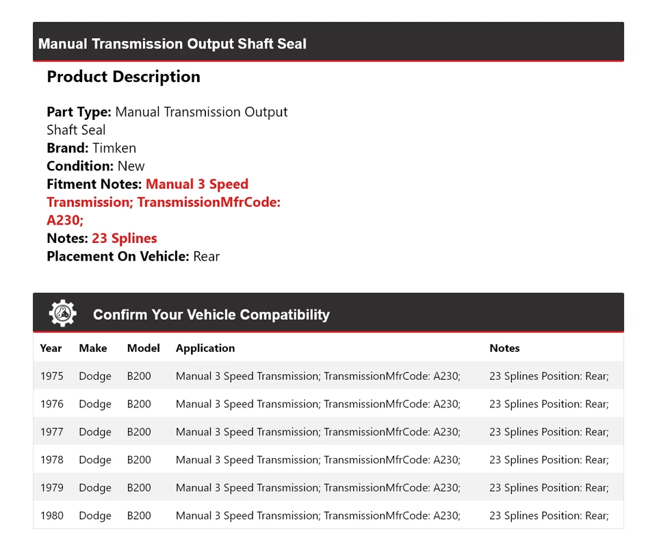 For 1975-1980 Dodge B200 Manual Transmission Output Shaft Seal Rear Timken 1976 - Image 2 of 4
