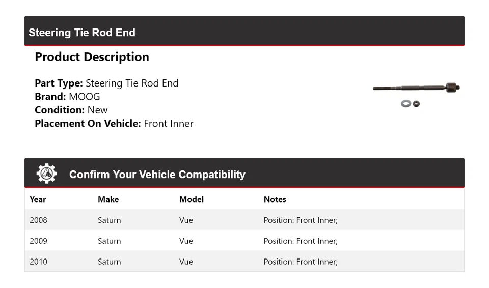 Для 2008-2010 Saturn Vue конец рулевого анкерного стержня передний внутренний MOOG 2008 2009 2010 - Изображение 2 из 4
