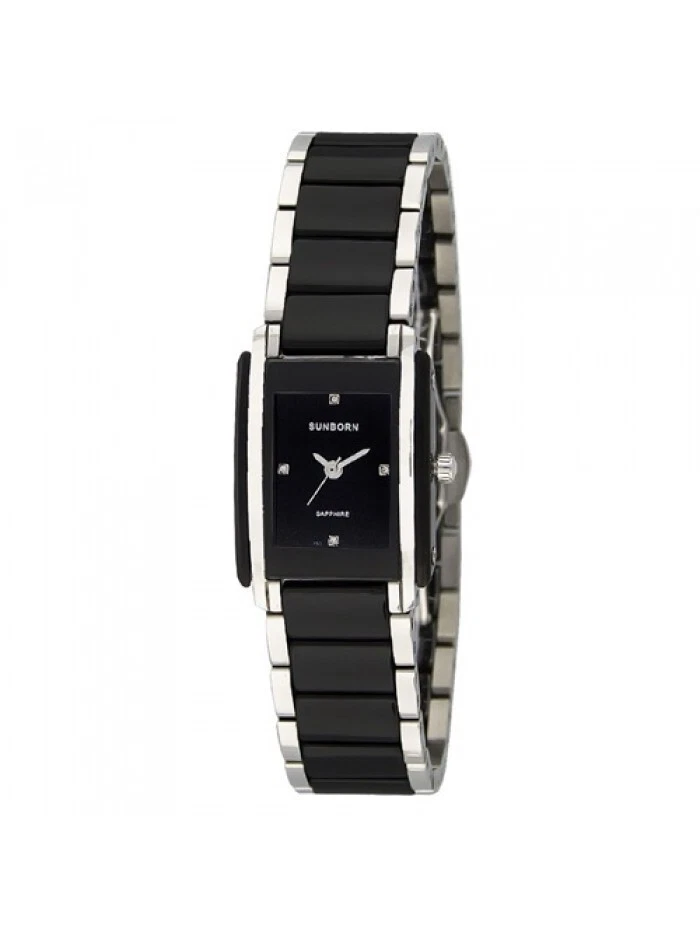 Reloj SUNBORN 50247KL Cerámica Damas Precisión Cuarto Esfera Negra Dos Tonos Plateado Foto 2 de 4