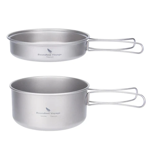 Titanium Pot Pan Set with Folding Handles Camping Cookware Hiking Outdoor