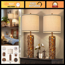 Set of 2 Rustic Farmhouse Table Lamps with USB Ports, Dimmable Vintage Nightstan