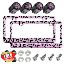Pink Leopard Print Aluminum License Plate Frames And Valve Caps Set Unisex Pink Leopard Print Aluminum License Plate Frames And Valve Caps Set Unisex