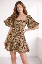 Faithfull The Brand Dress Size AU 12 Knee Length Leopard Print Balloon Sleeve