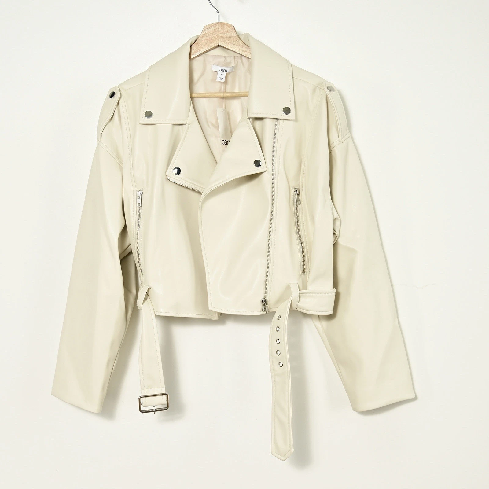 NWT Bar iii Women’s M. Cream Belted Moto Jacket W/Zipper Pockets