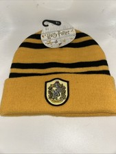 Official Harry Potter Hufflepuff Beanie Hat Yellow Black Striped Crest Hogwarts