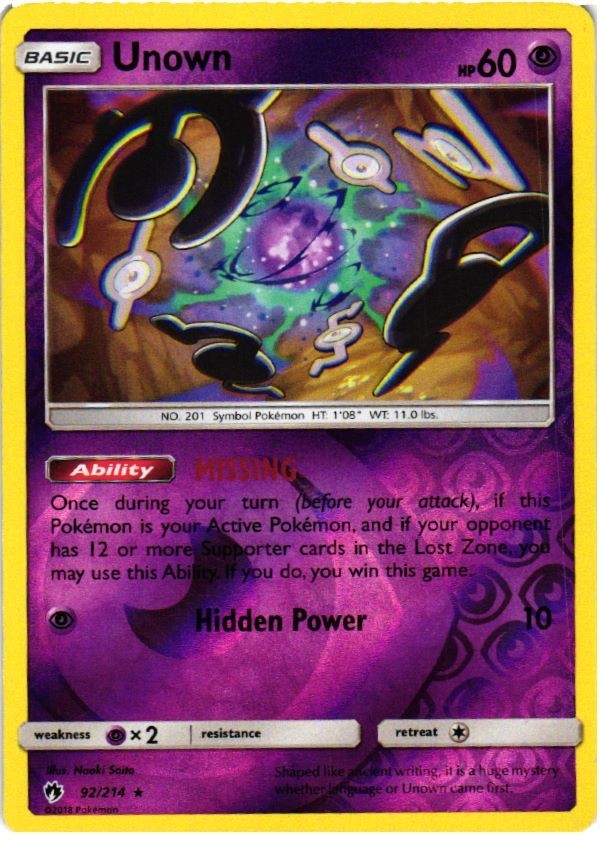 Unown 92/214 Rare Lost Thunder Pokemon Reverse Holo Moderately Played