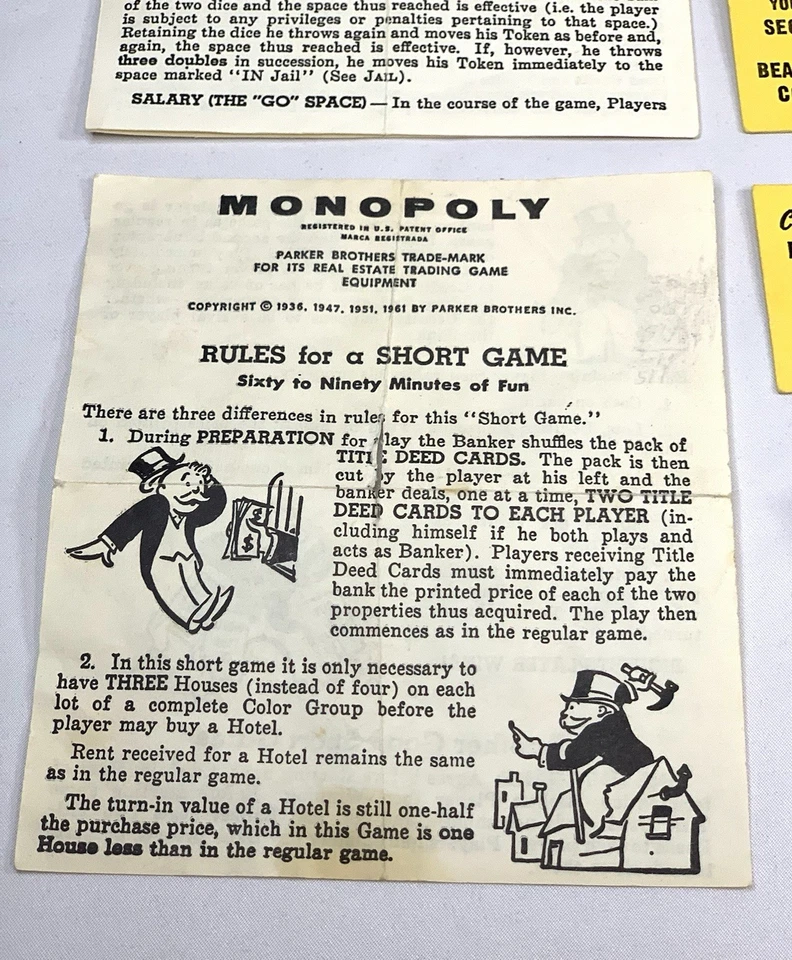 De colección 1961 Juego Monopoly Piezas de Peltre de Repuesto Tarjetas Hotel/Casas Instrucciones Foto 2 de 4