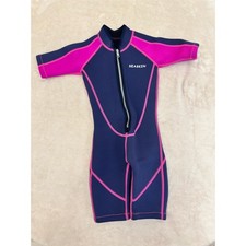 Seaskin Kids size 2 Wetsuit 2mm Front Zip Navy Blue Hot Pink Short Sleeve