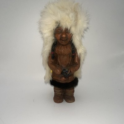 Wood Carved Inuit/Eskimo Style Figurine White Fur Hood Parka Brown Outfit