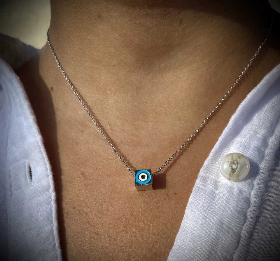 Бирюзовый и синий сглаз двусторонний куб подвеска ожерелье в 925 пробы - Изображение 3 из 4