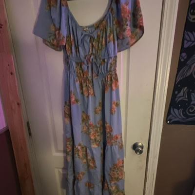 #ad Women’s Blue Floral Square Neck Smocked Flutter Sleeve Maxi Dress M $9.45