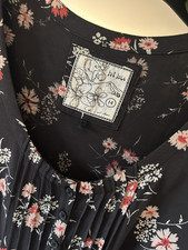 Fat Face Fit & Flare Dress UK 14 Black Floral 3/4 Sleeve Knee Pockets Button